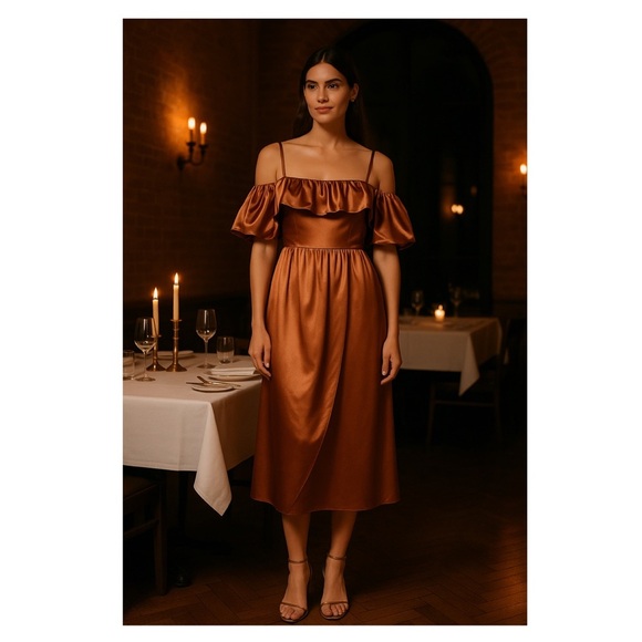 ULLA JOHNSON Lelita dress midi satin copper 8 off shoulder cocktail NWT formal - Picture 3 of 16